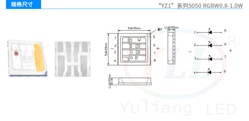 YZ1系列5050RGBW0.8-1.0W灯珠规格尺寸图