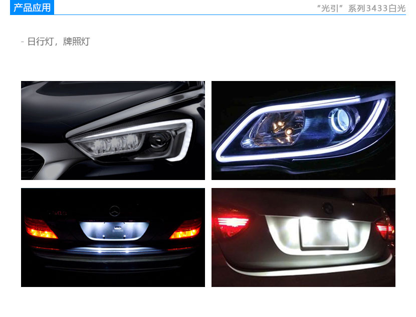 3433白光贴片LED灯珠应用领域:日行灯,牌照灯