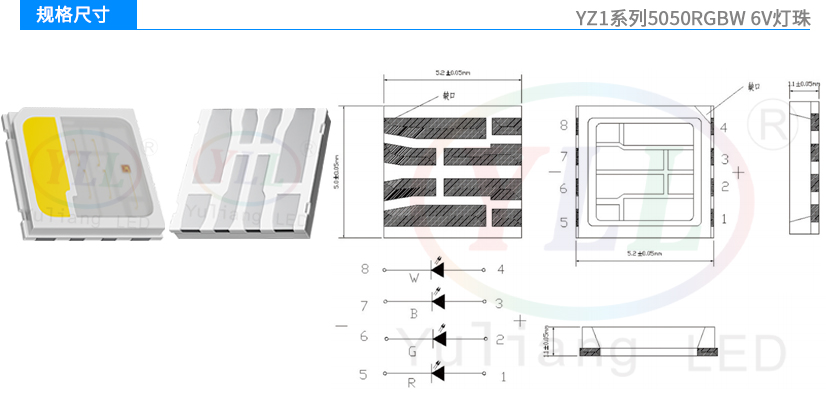 YZ1系列5050RGBW灯珠-6V规格尺寸